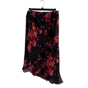 Silk Asymmetrical Black Floral skirt. SZ 14/16 Whimsigoth, Romantic
